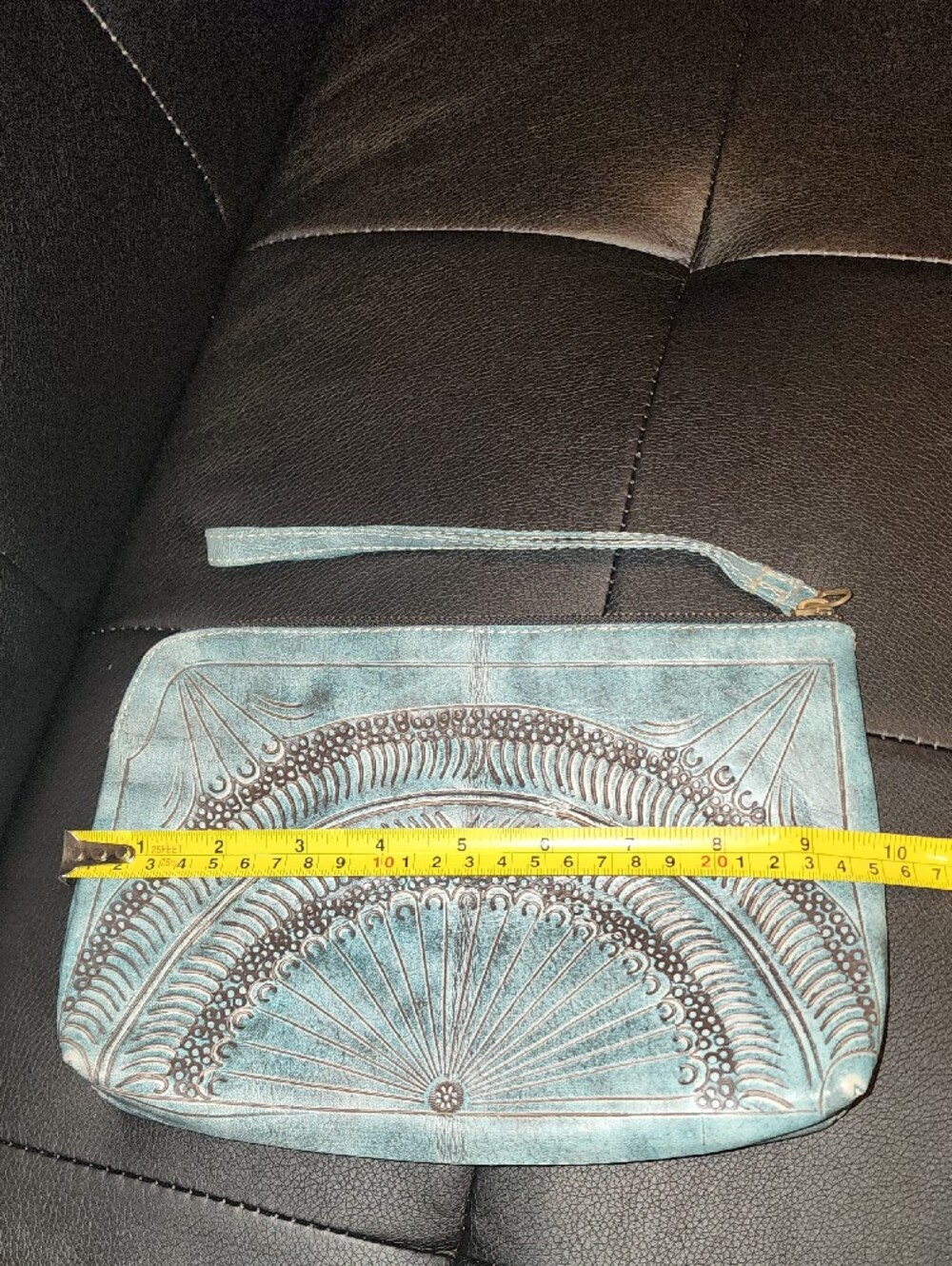 Hand-Tooled Turquoise Leather Wristlet Clutch - Picture 7 of 15